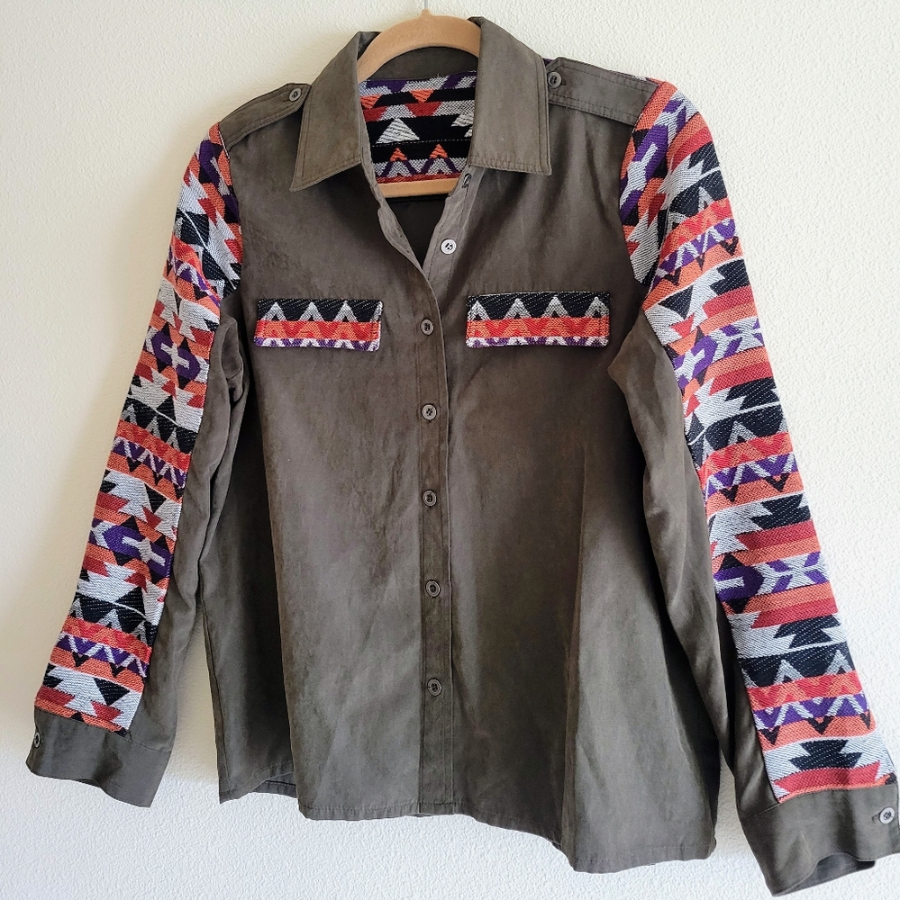 Hot & Delicious Long sleeved blouse jacket Olive Green Size L Geometric Pattern